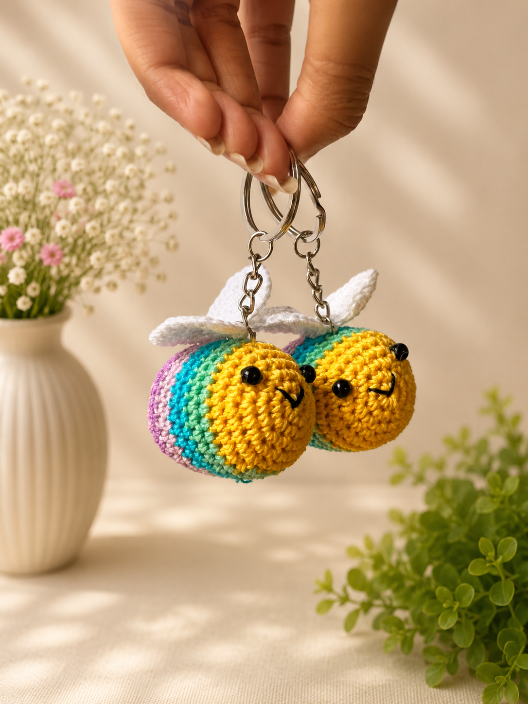 Handmade Crochet Rainbow Bee Keychain