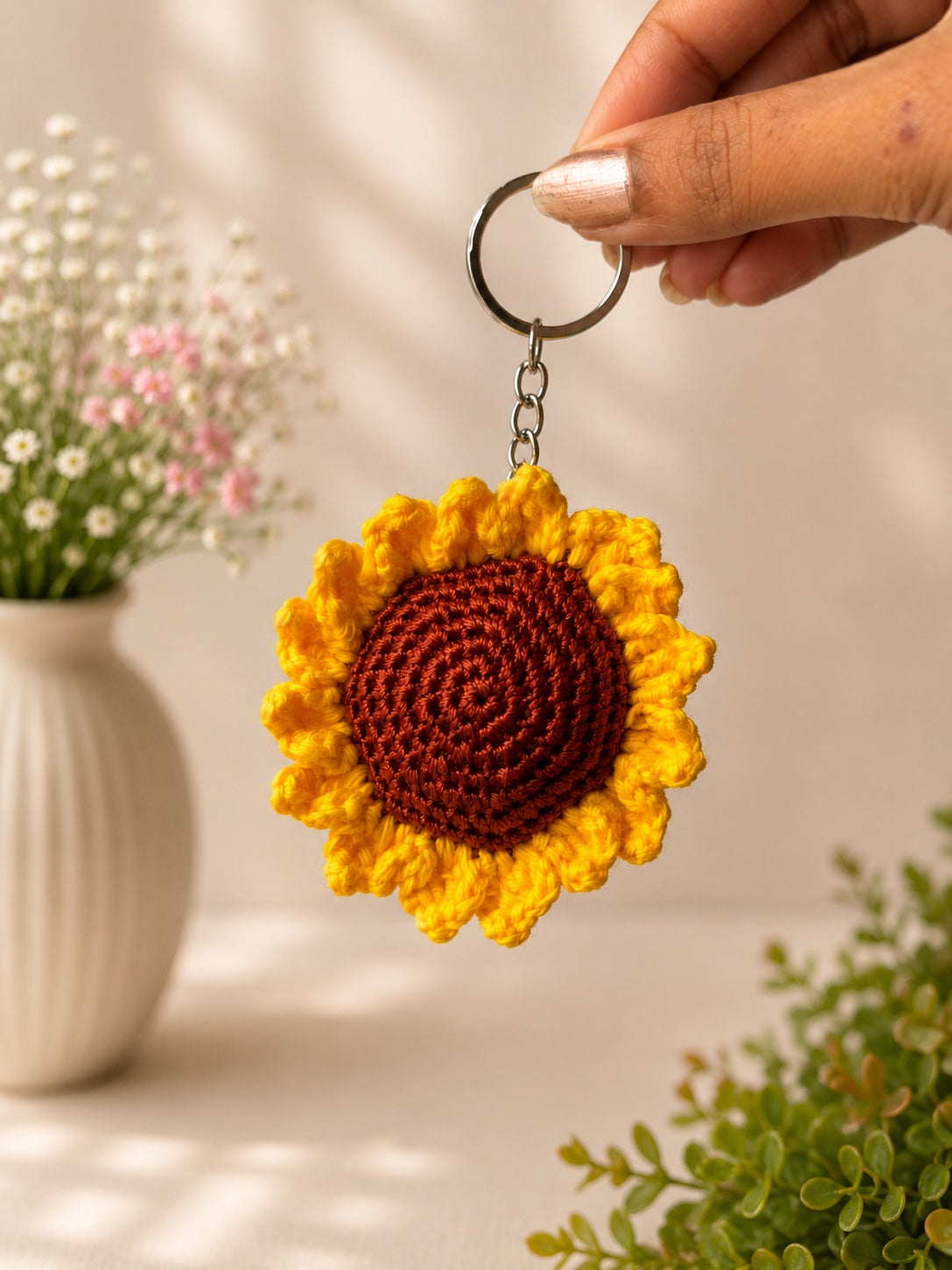 Handmade crochet sunflower keychain by Rubber Band