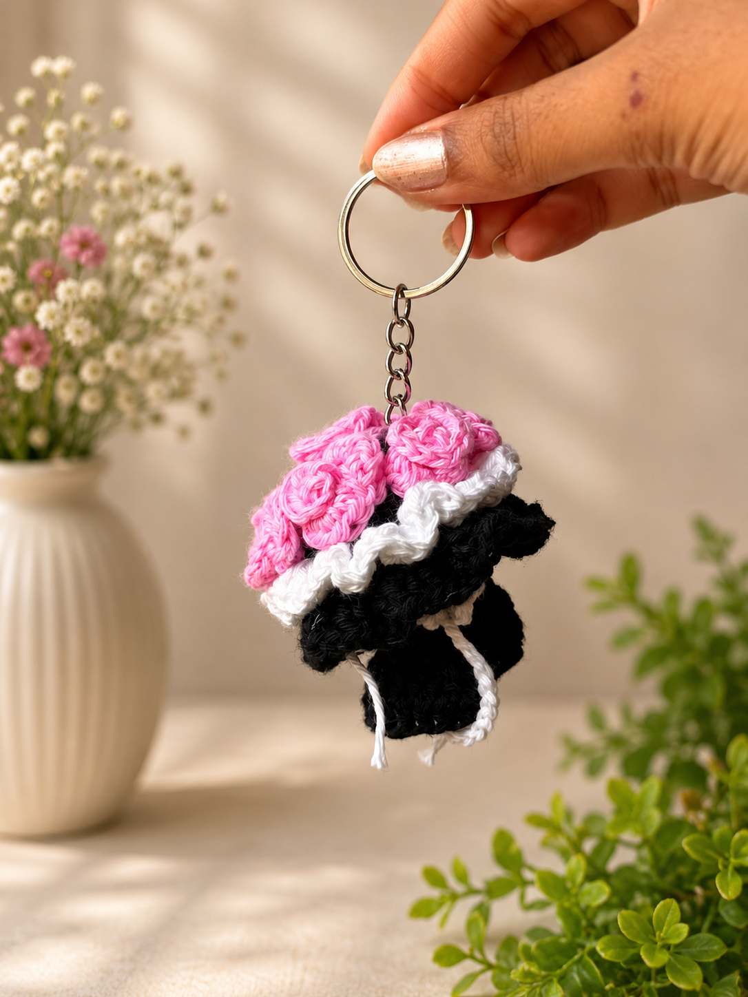 Pink handmade crochet flower bouquet keychain