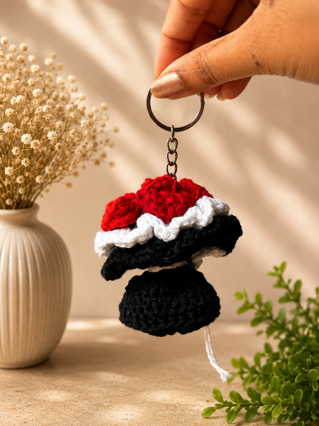 Red handmade crochet flower bouquet keychain