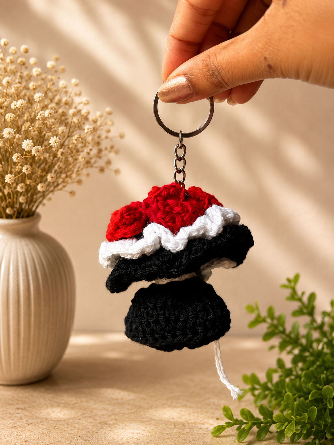 Red handmade crochet flower bouquet keychain