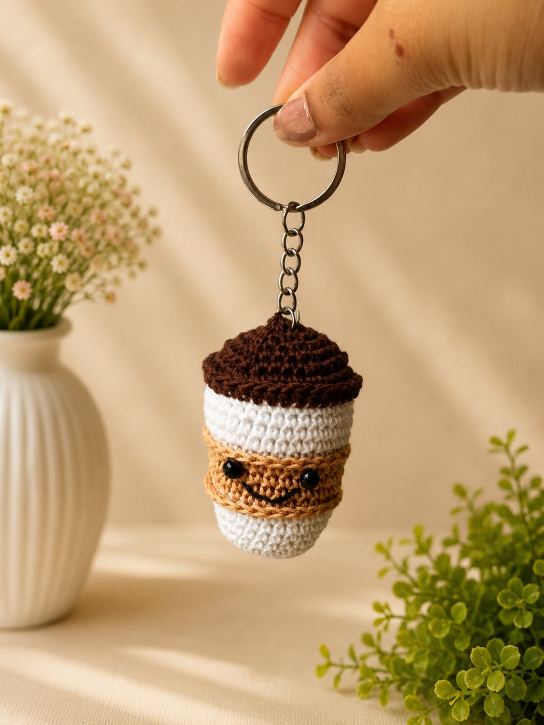 Handmade crochet coffee cup keychain by Rubber Band