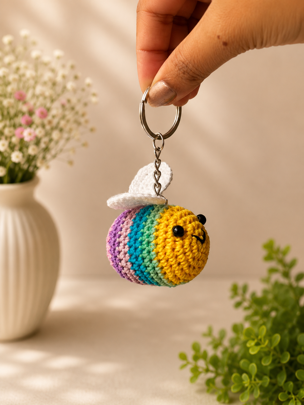 Handmade Crochet Rainbow Bee Keychain