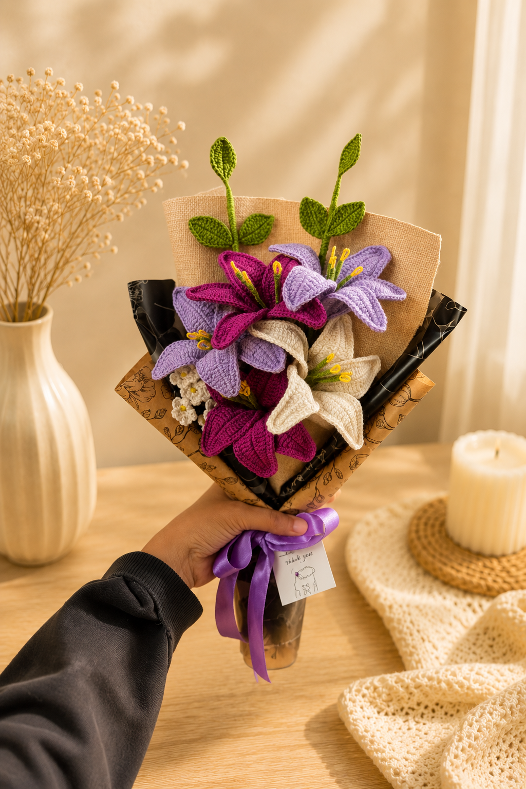 Handmade Crochet Purple & Ivory Lily Bouquet
