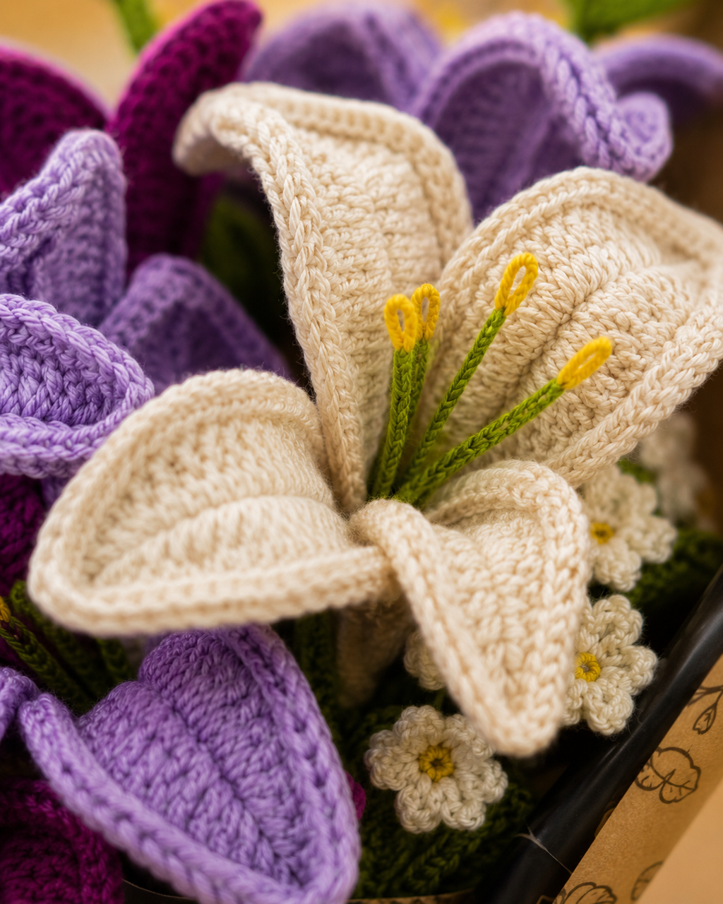 Handmade Crochet Purple & Ivory Lily Bouquet