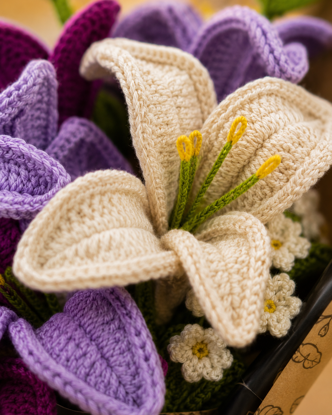 Handmade Crochet Purple & Ivory Lily Bouquet