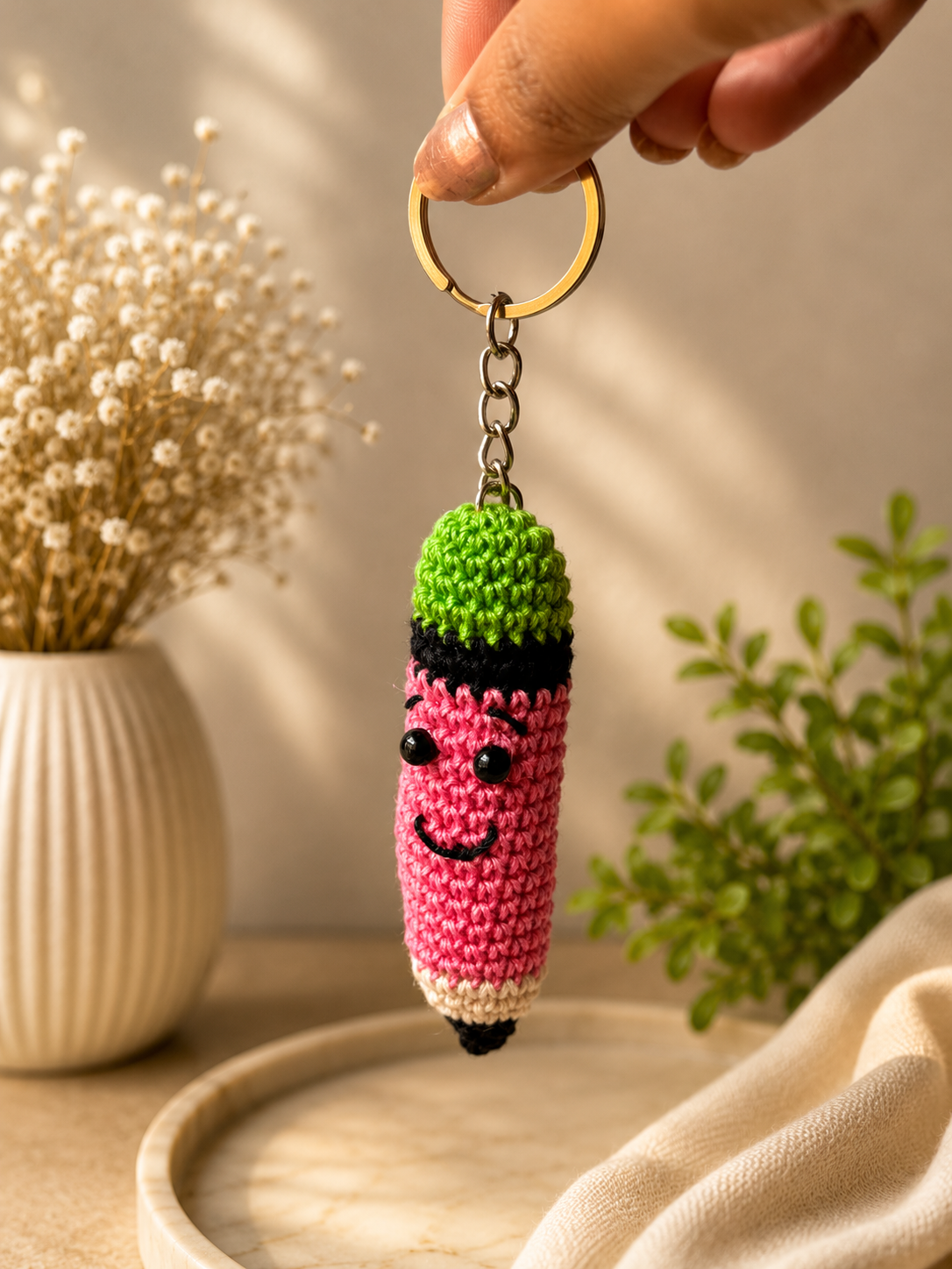 Pink handmade crochet pencil keychain