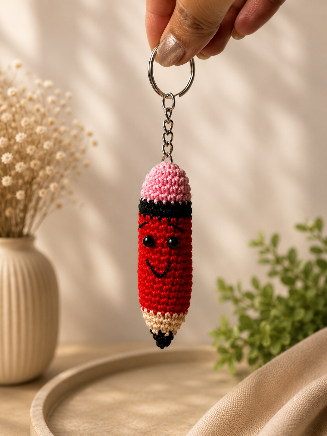 Red handmade crochet pencil keychain