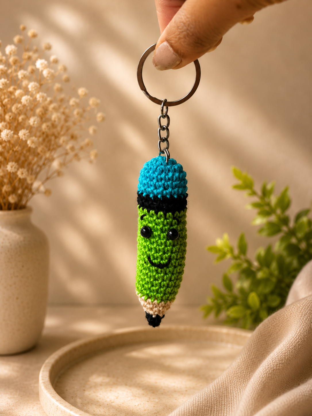 Green handmade crochet pencil keychain