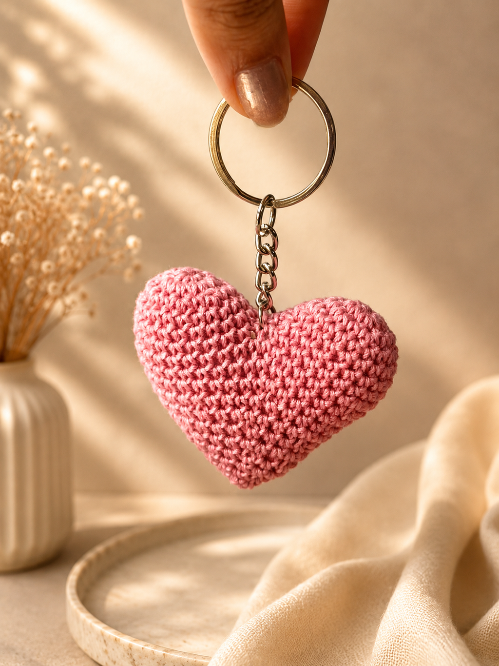Pink handmade crochet heart keychain