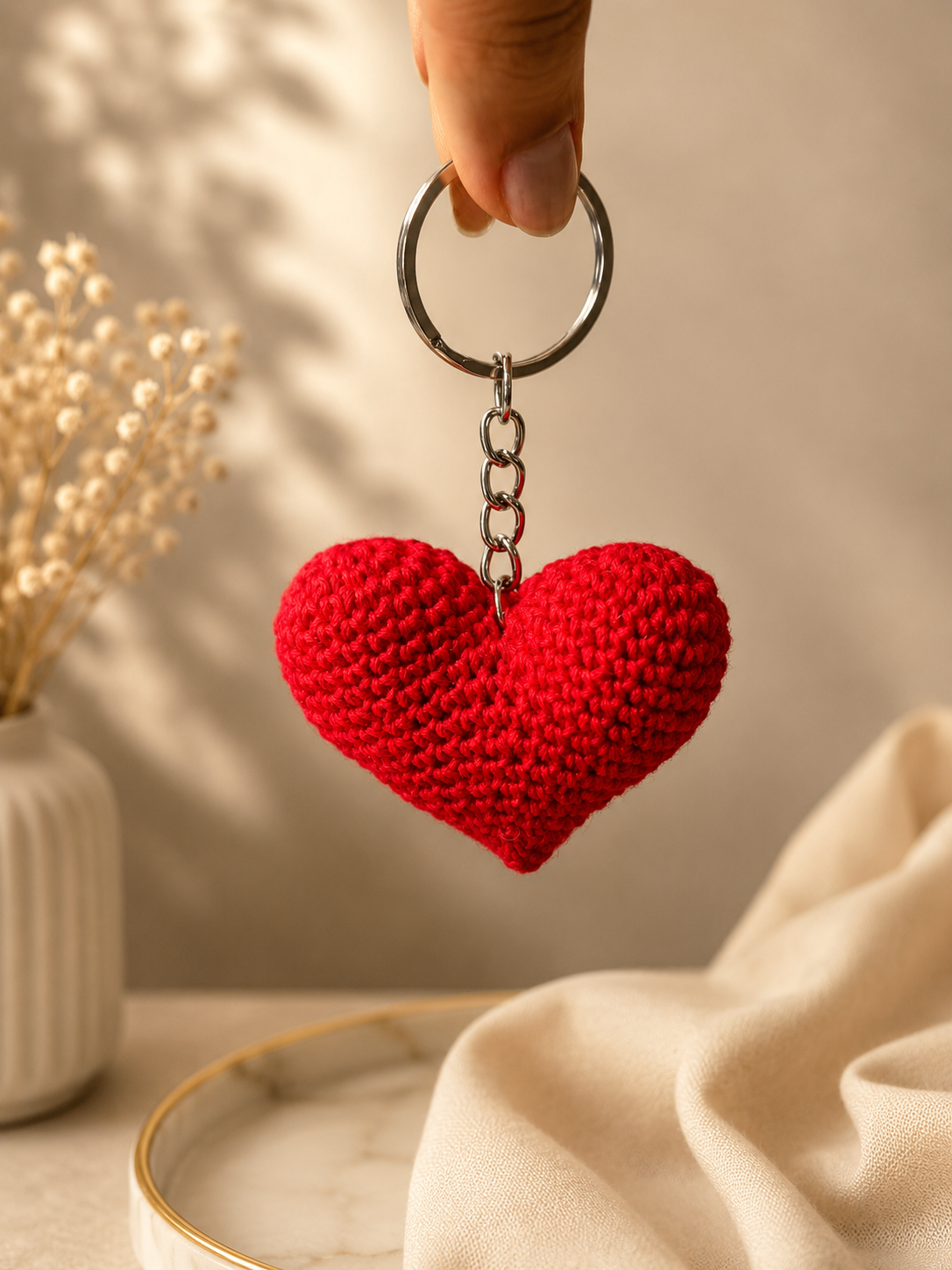 Red handmade crochet heart keychain