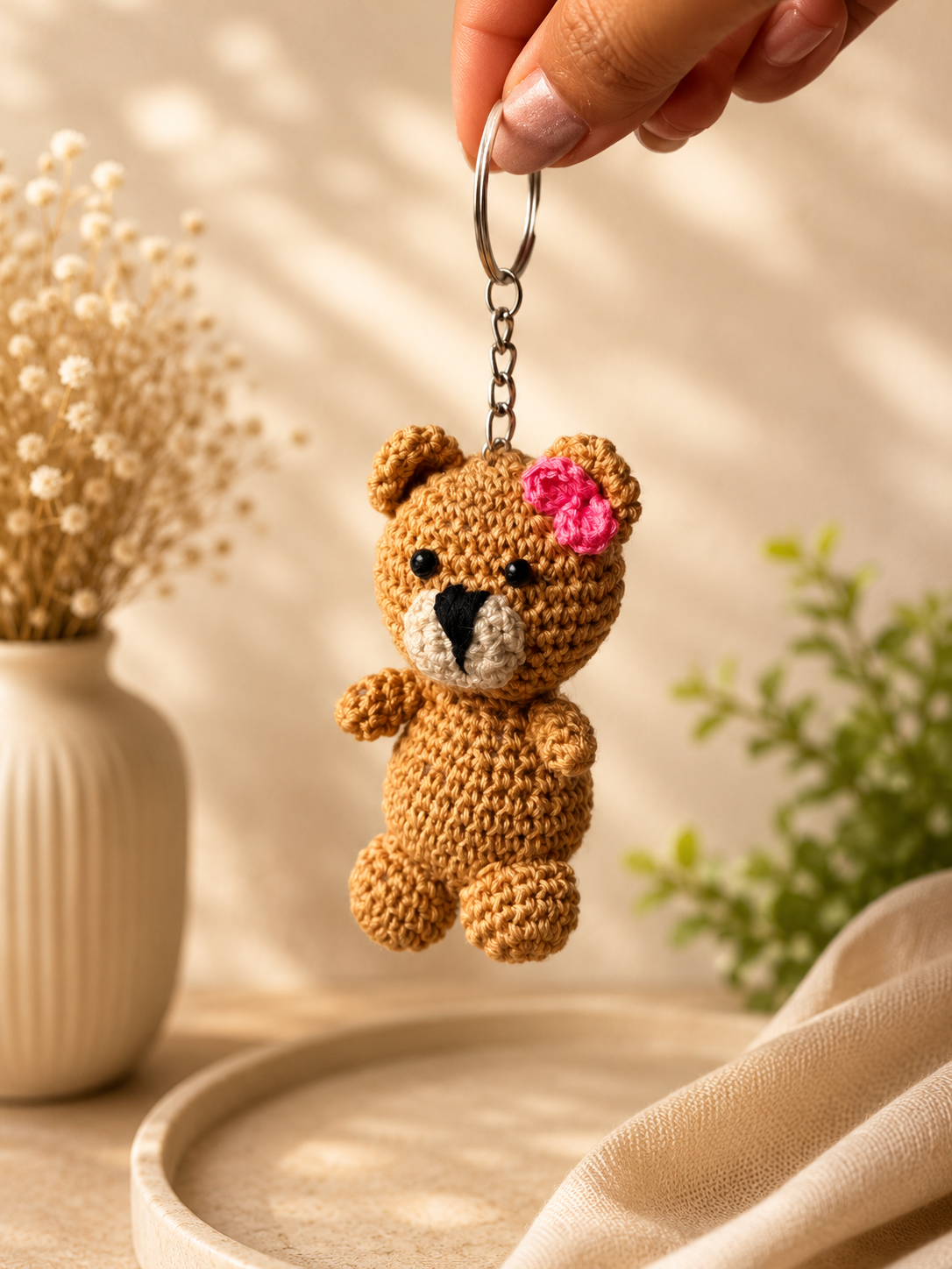 Handmade crochet teddy bear keychain