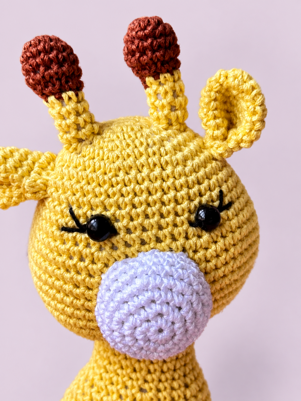 Close-up of Dottie the Giraffe's crocheted face
