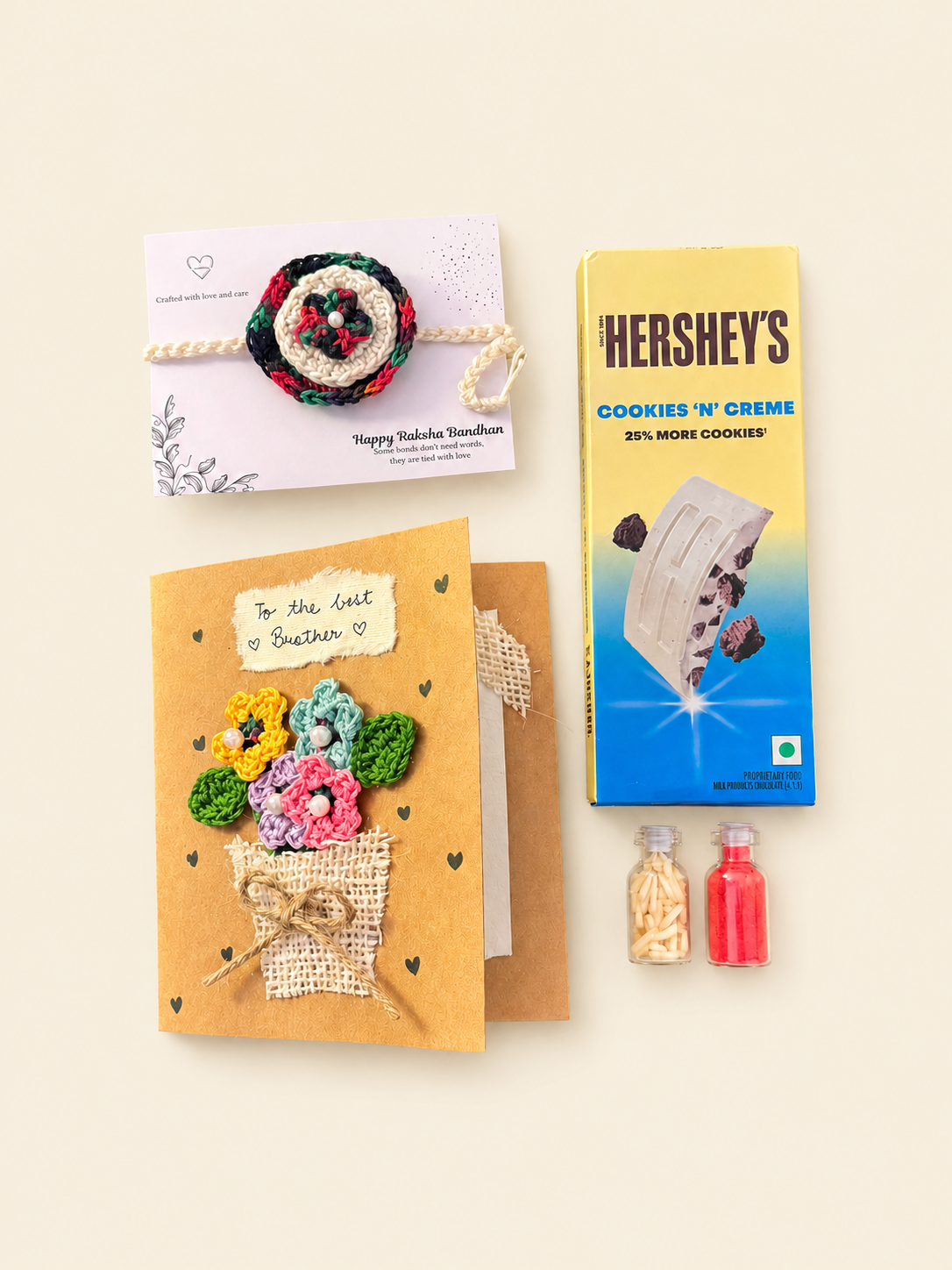 Floral crochet rakhi gift set with handmade card, chocolate, roli and chawal