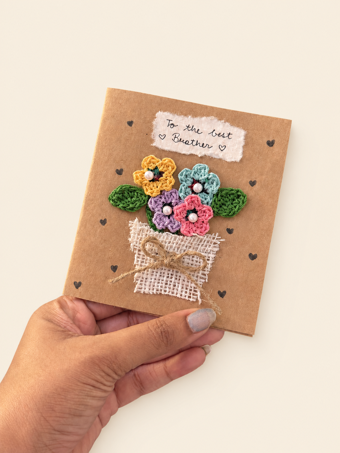 Handmade To the Best Brother greeting card with crochet flowers