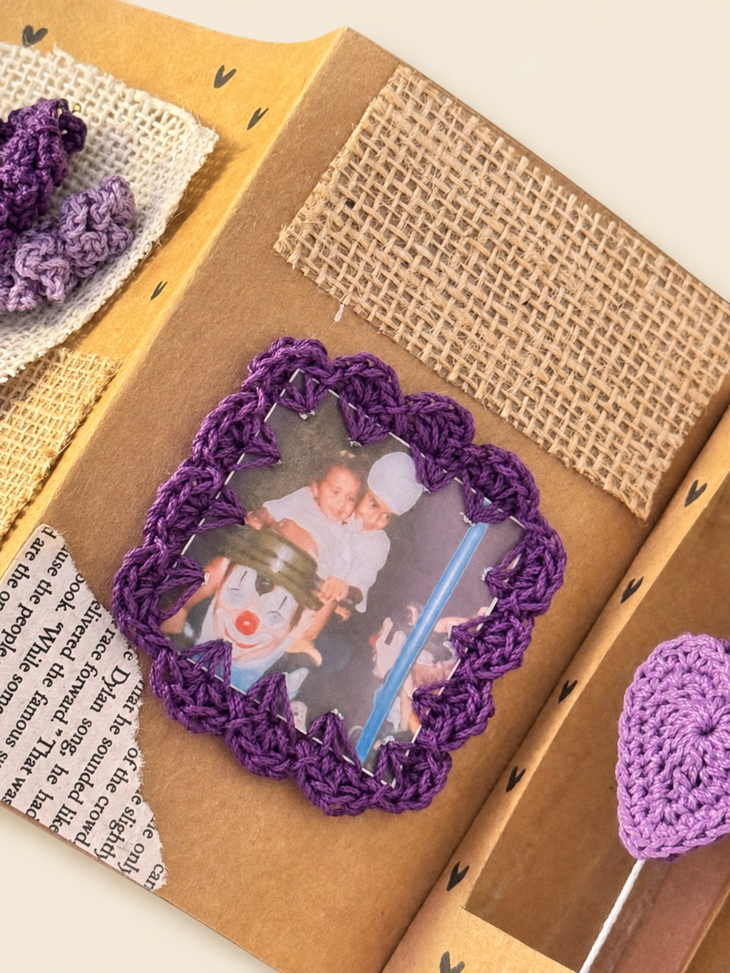 Close-up of the lavender crochet-bordered photo inside the handmade Rakhi memory scrapbook