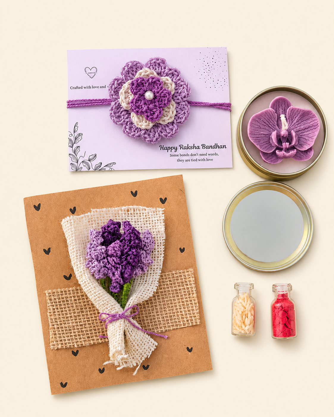 Lavender Rakhi gift set with crochet floral rakhi, handmade memory scrapbook, orchid candle and miniature keepsakes