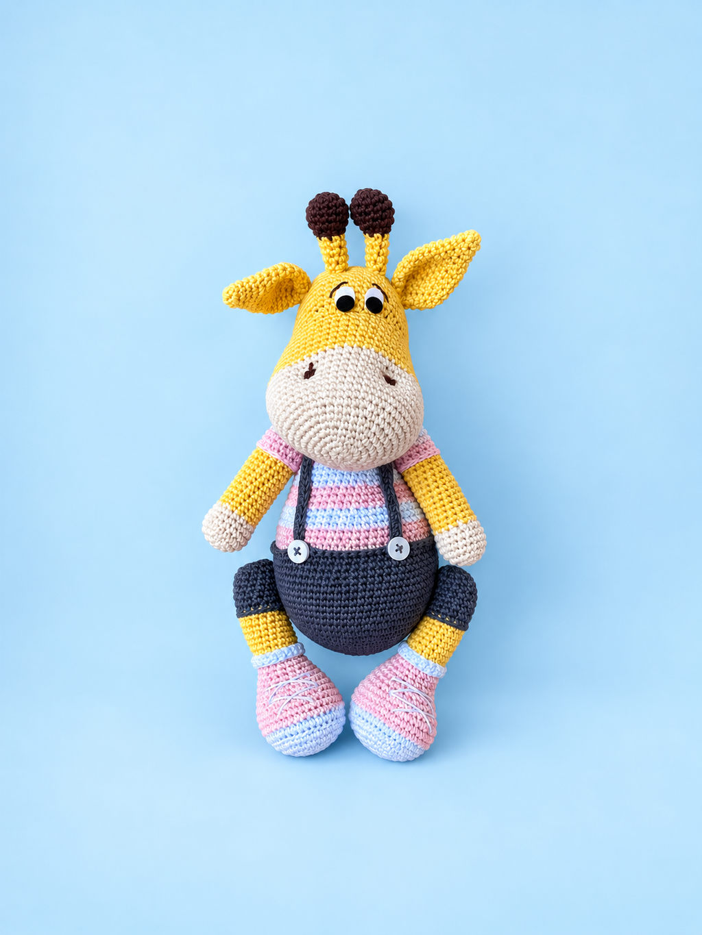 Oliver the Giraffe pink colorway full front view with blue background