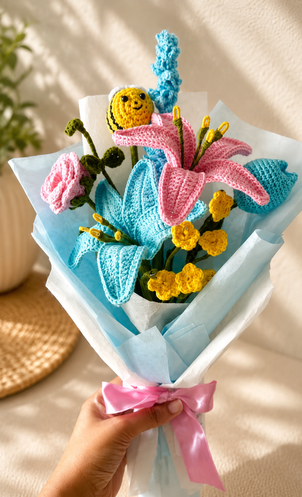 Handmade crochet blue lily bouquet by Rubber Band