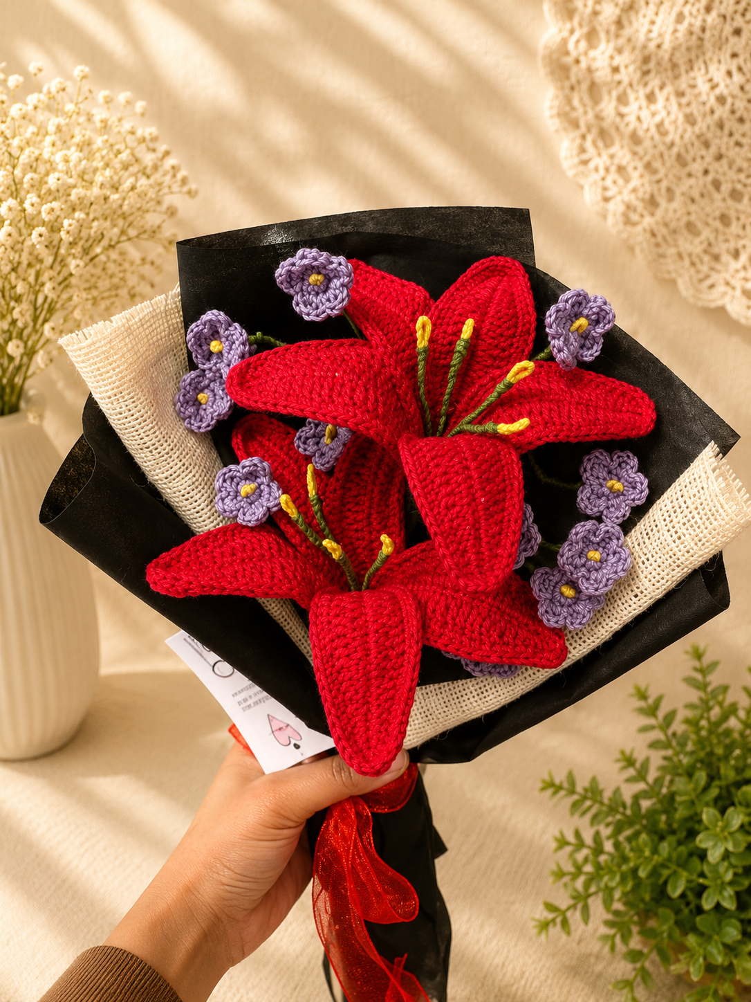 Handmade crochet red lily bouquet by Rubber Band