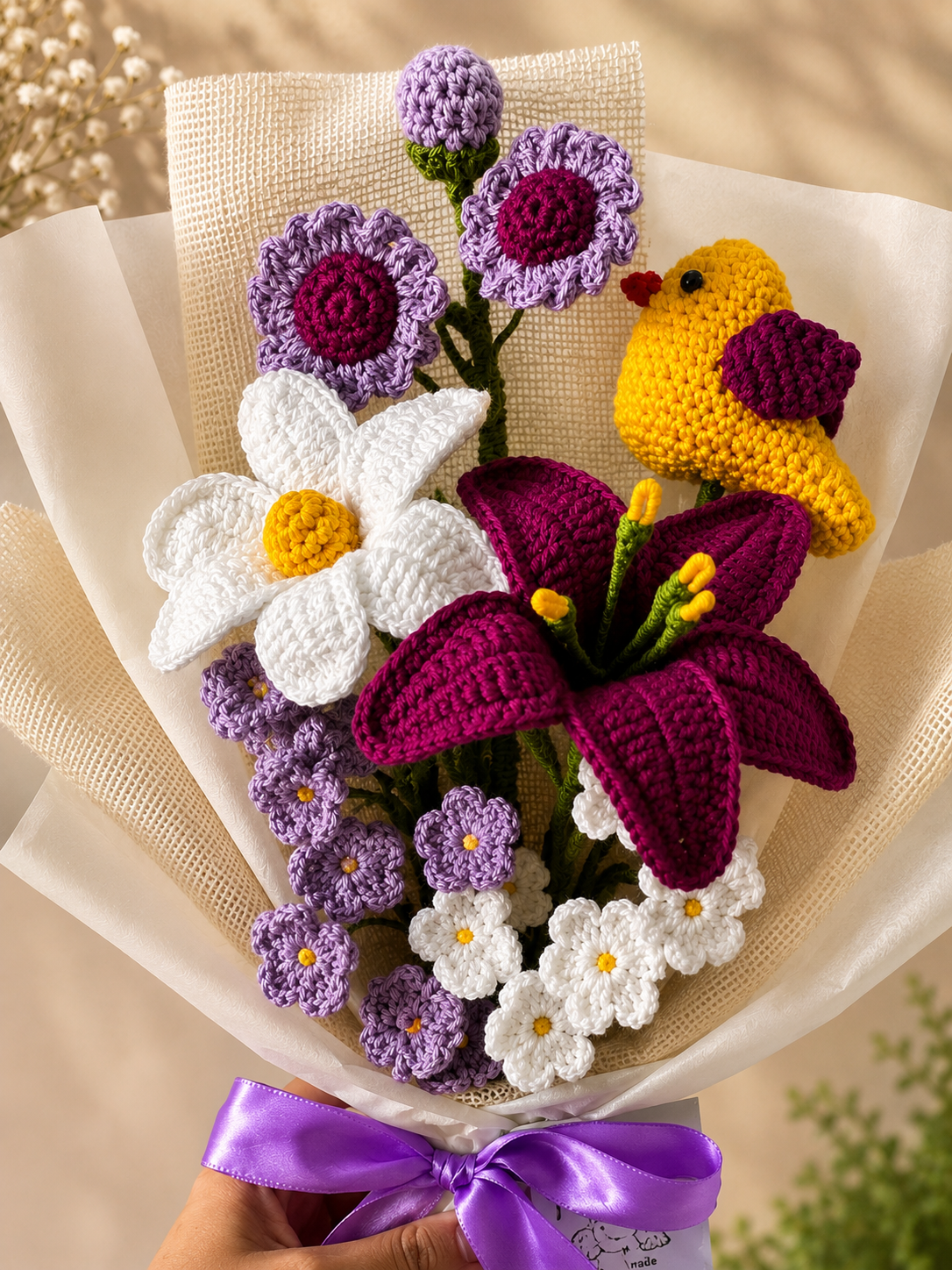 Close-up of handmade crochet premium lily bouquet by Rubber Band