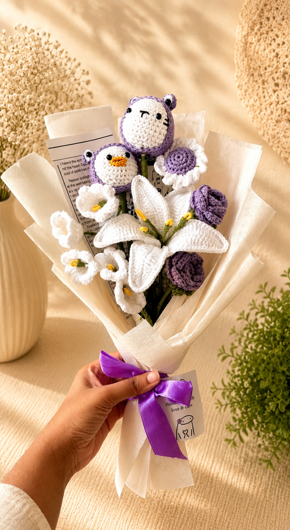 Handmade crochet white and purple bouquet by Rubber Band