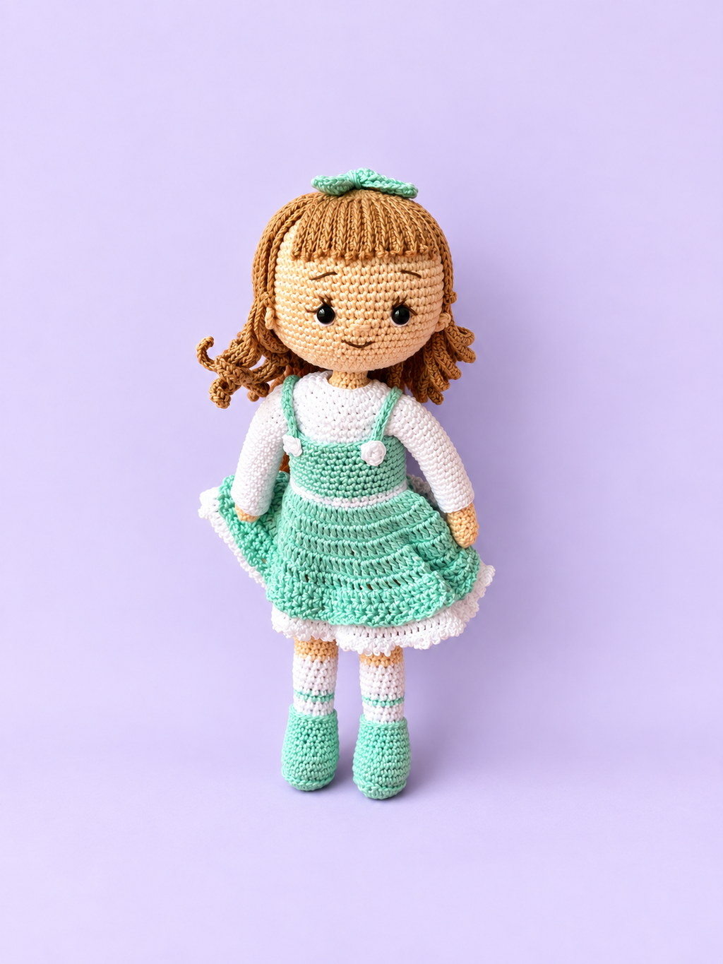 Rosie the Doll in mint dress, full front view