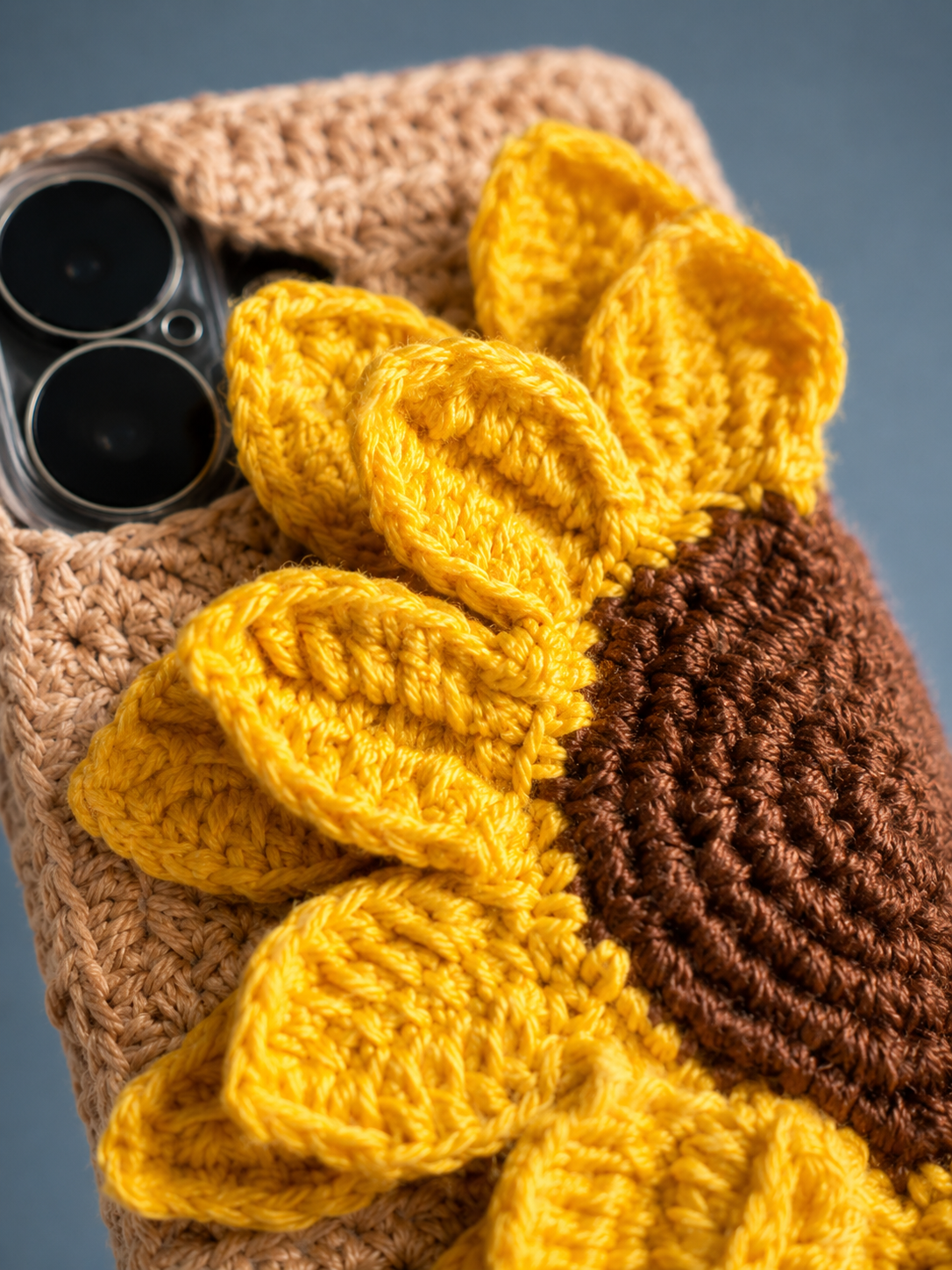 Close-up of yellow sunflower crochet threadwork on a handmade phone cover