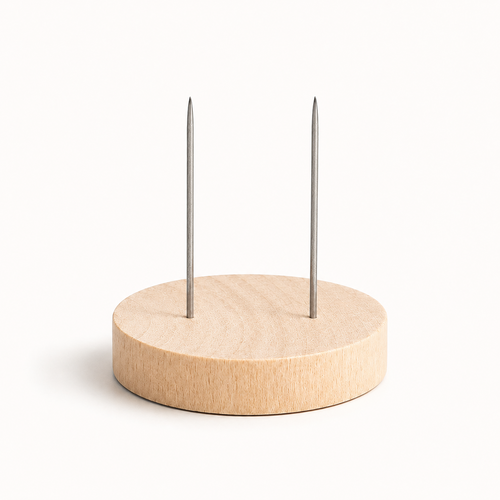 Light wooden display stand with two metal pins for Divine Collection crochet figures