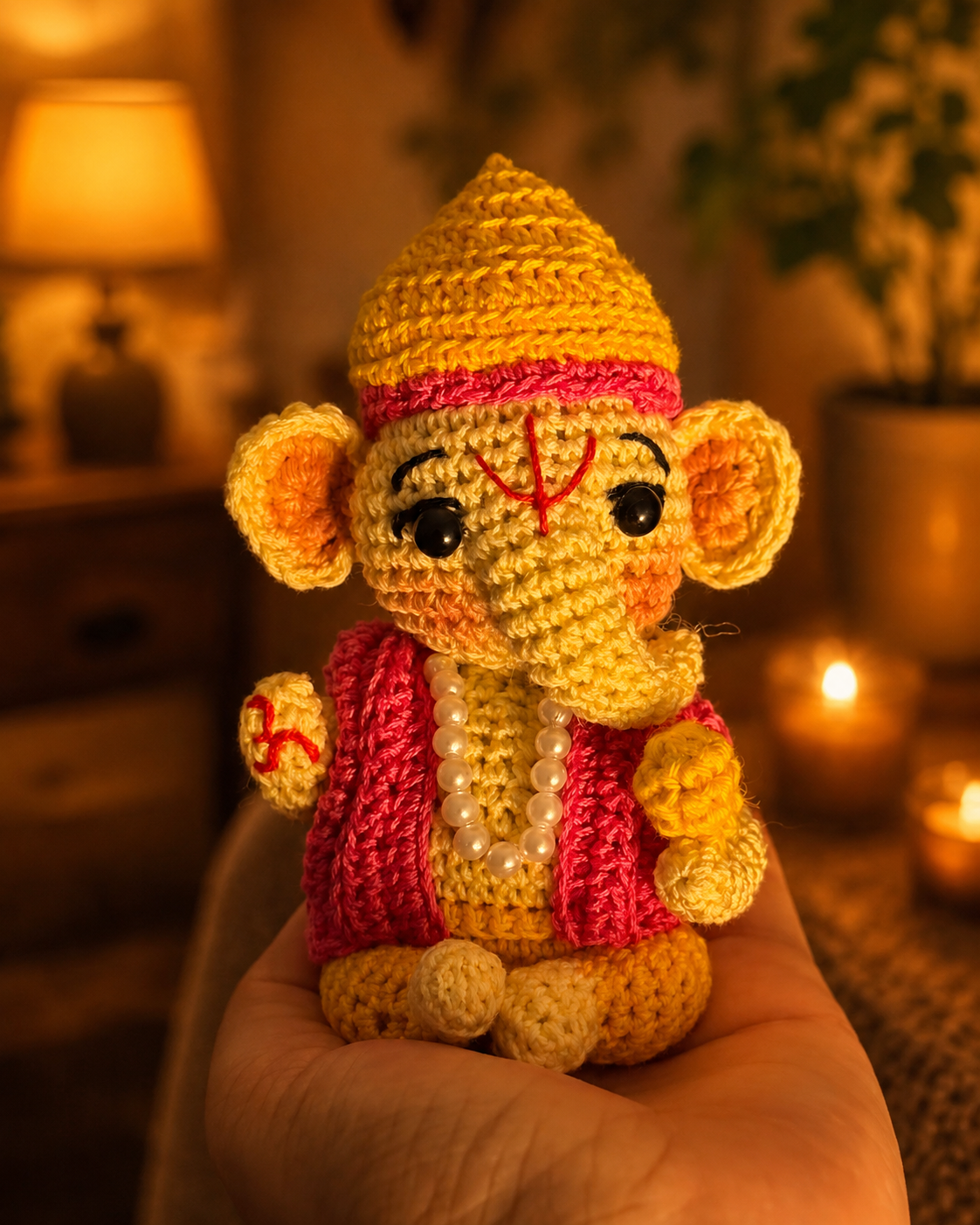 Handmade crochet Ganesh Ji doll in a warm devotional setting