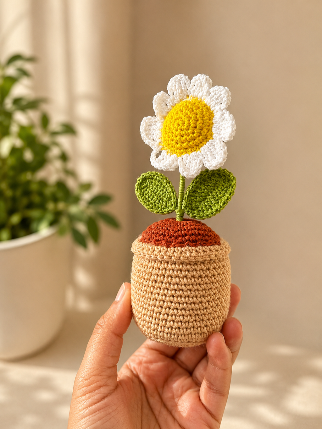 Handmade crochet daisy flower pot held in hand, full front view