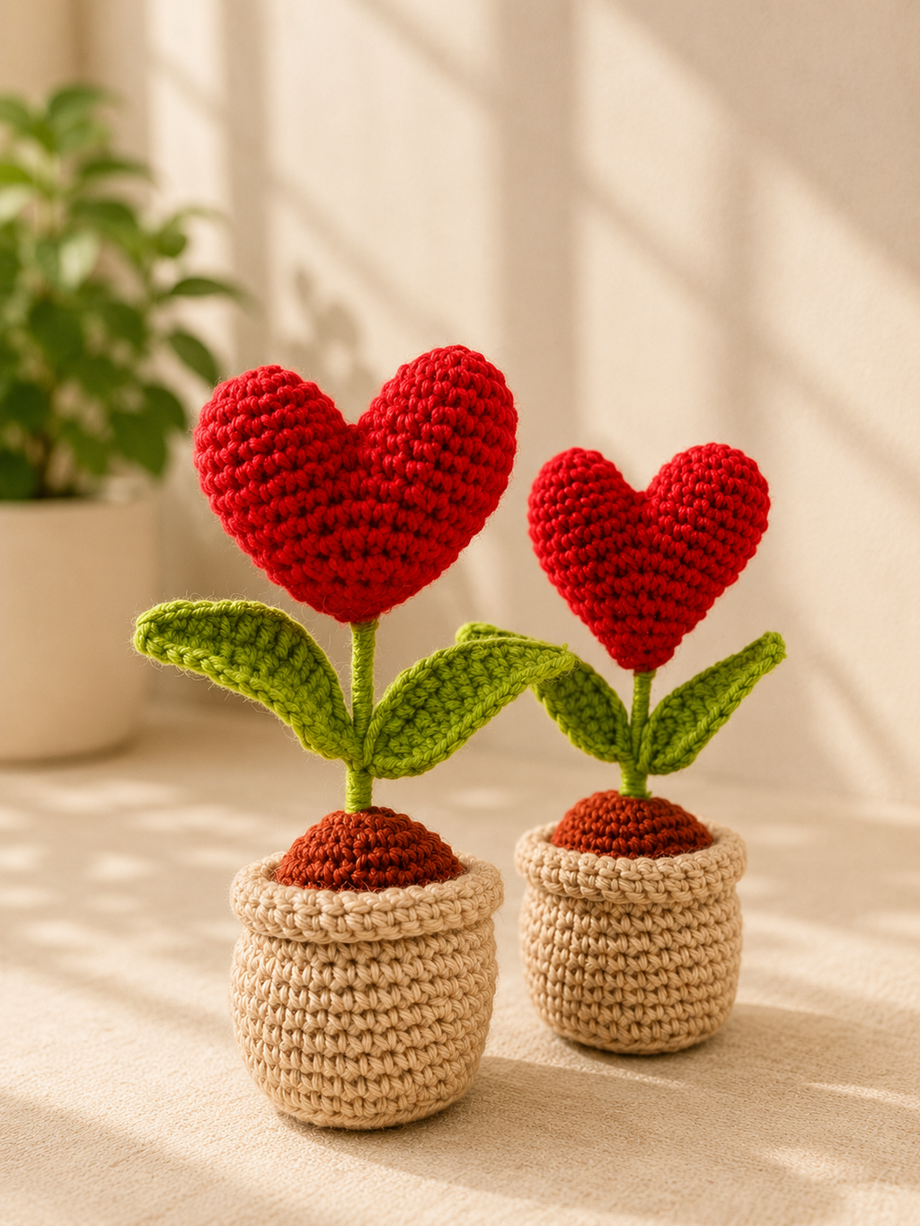 Pair of handmade crochet red heart flower pots displayed together