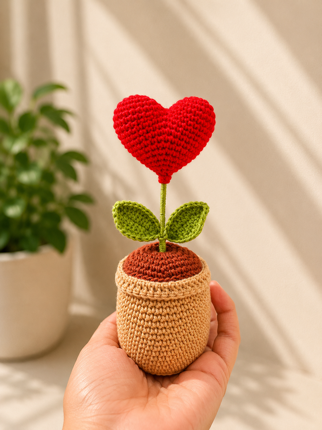 Handmade crochet red heart flower pot held in hand, front view