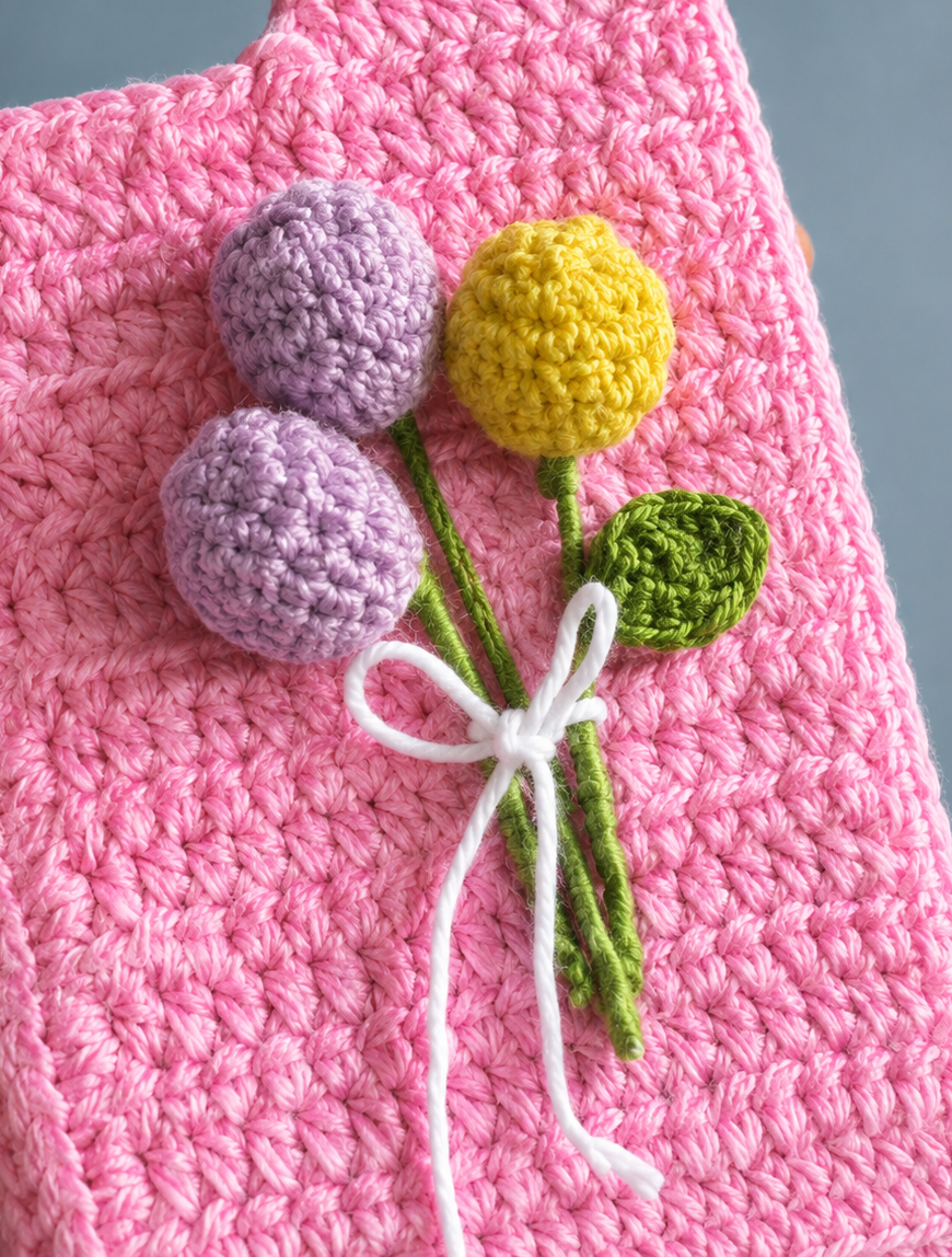 Close-up of lavender and yellow crochet flower bouquet on a pink phone cover