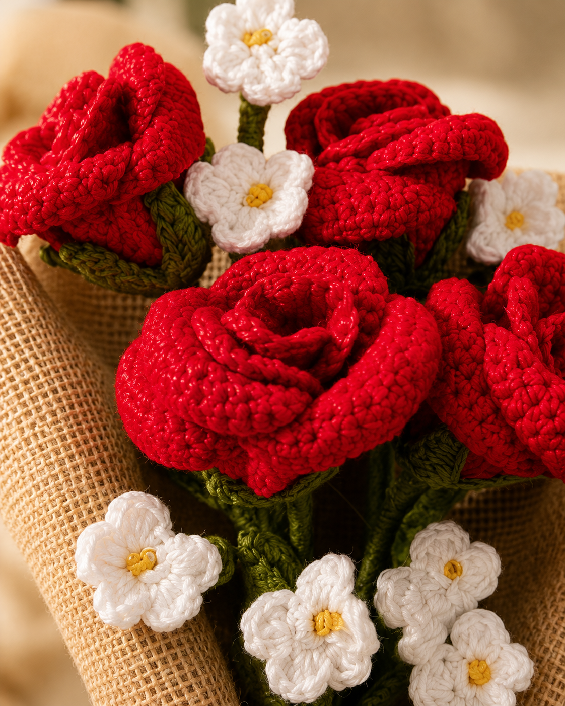 Close-up of handmade crochet red roses and white blossom details