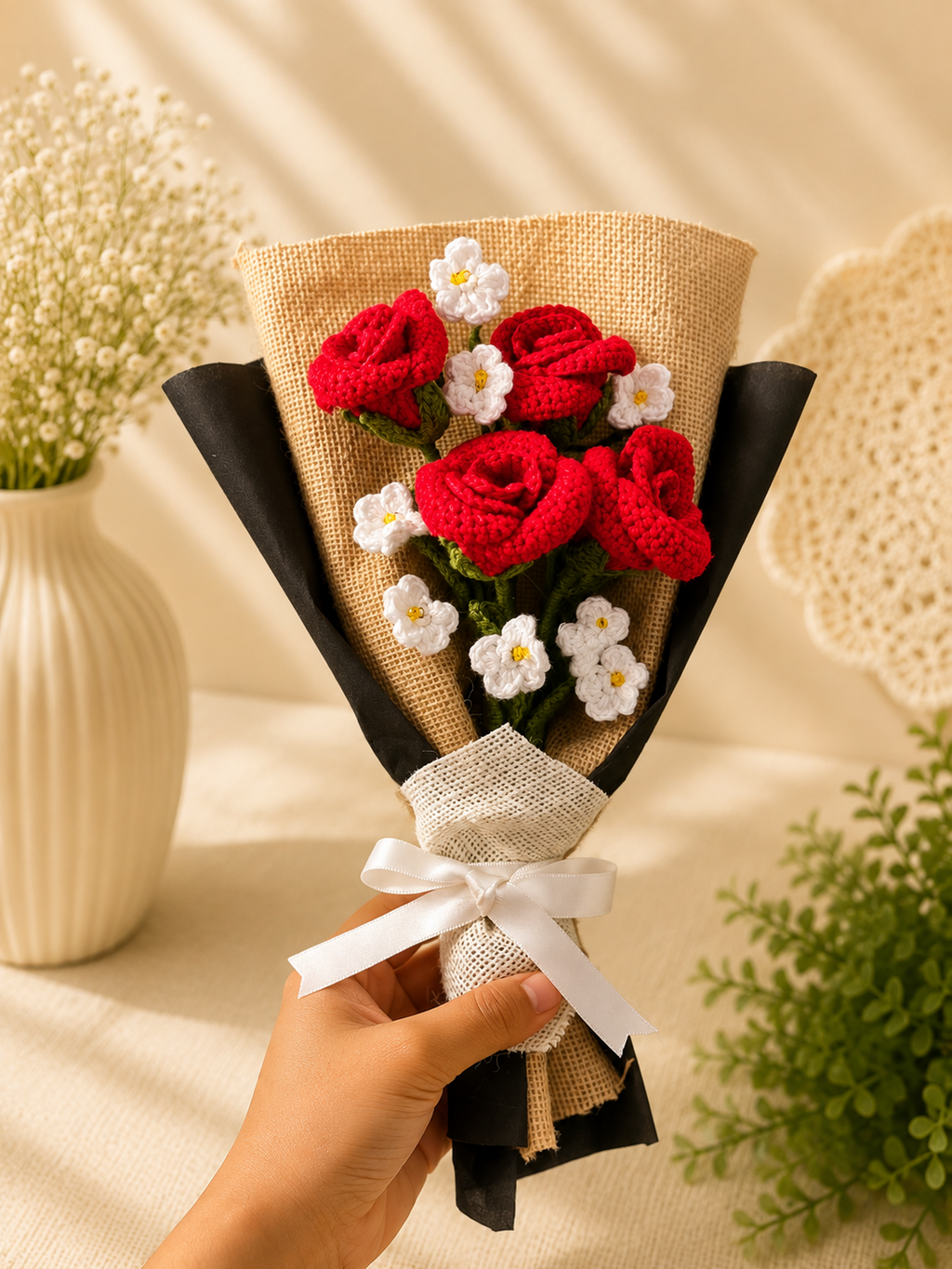 Handmade crochet red rose bouquet with white blossoms in burlap and black wrapping