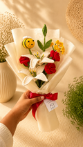 Handmade crochet white lily and red rose bouquet with bee, full bouquet view