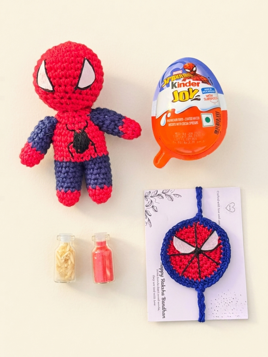 Spider-Man Rakhi Gift Set with crochet doll, crochet rakhi, Kinder Joy and roli chawal