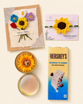 Sunflower crochet rakhi gift set with handmade card, sunflower candle and chocolate