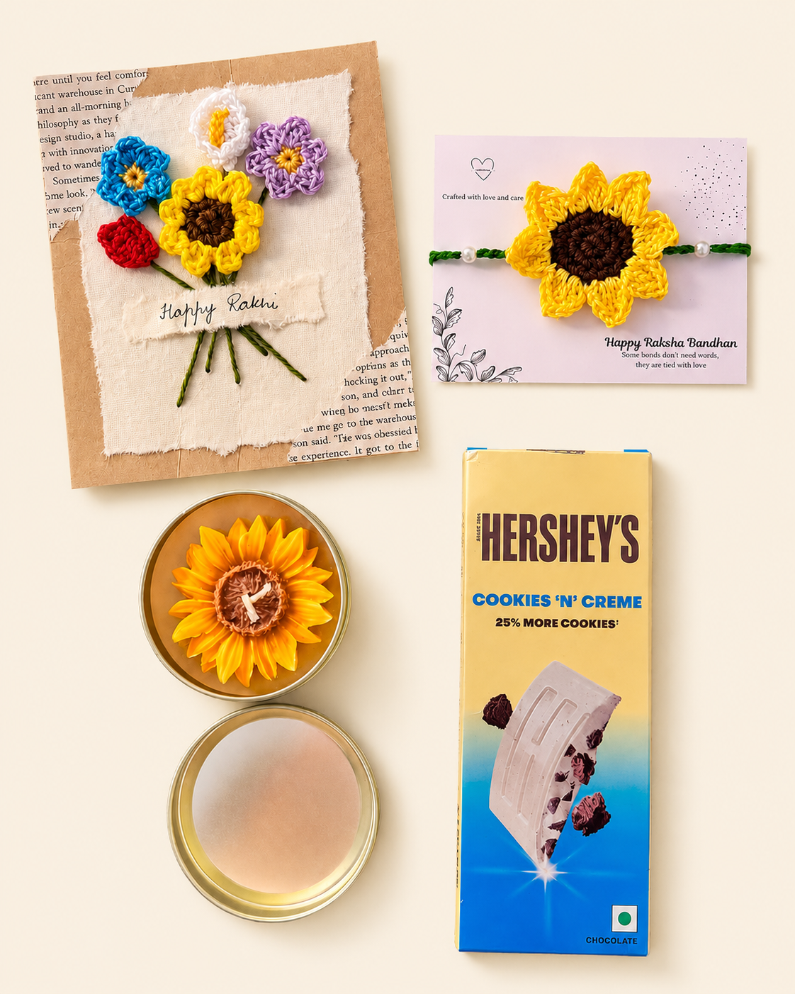 Sunflower crochet rakhi gift set with handmade card, sunflower candle and chocolate