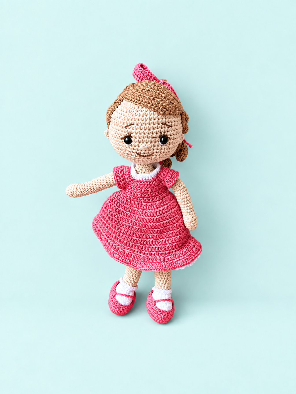 Sunny the Doll in pink dress, full front view