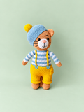 Tiggy the Cat full front view, blue hat and yellow overalls